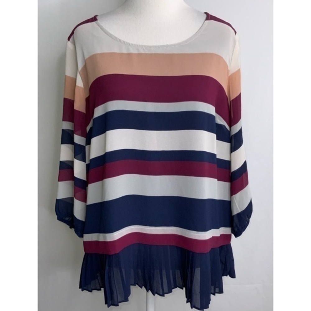 Skies Are Blue Chiffon Overlay Lined Striped Tunic Accordion Pleat Hem LP